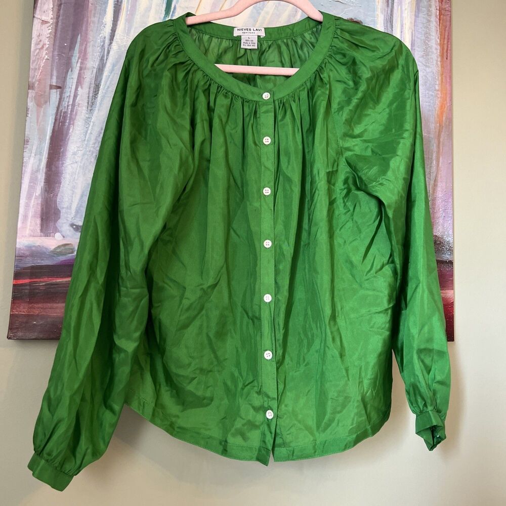 Nieves Lavi New York Sz L 100% Silk Top Womens Bright Green/See Details